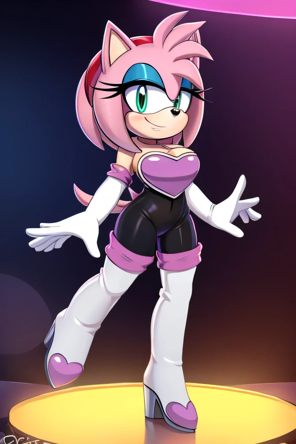 score_9, score_8_up, 2D, flat color, looking at viewer, (1girl), (solo), very detailed, extremely detailed, Amy Rose from the sonic the hedgehog series, portrait, smile, looking at viewers, hair down, hair bangs, large bust, milf, Rouge cosplay, cosplay, Rouge outfit, she wears a black skin-tight and strapless low-cut jumpsuit, a pink heart-shaped chest plate outlined with thin white trim, elbow-length white gloves and thigh-high high-heeled boots with pink cuffs to match them, with the latter featuring both gray soles and heels, along with steel toes in the appearance of pink hearts, matching her jumpsuit's chest plate, standing on a pole on the stage as she becomes a pole dancer, a night club with blue and purple disco lighting