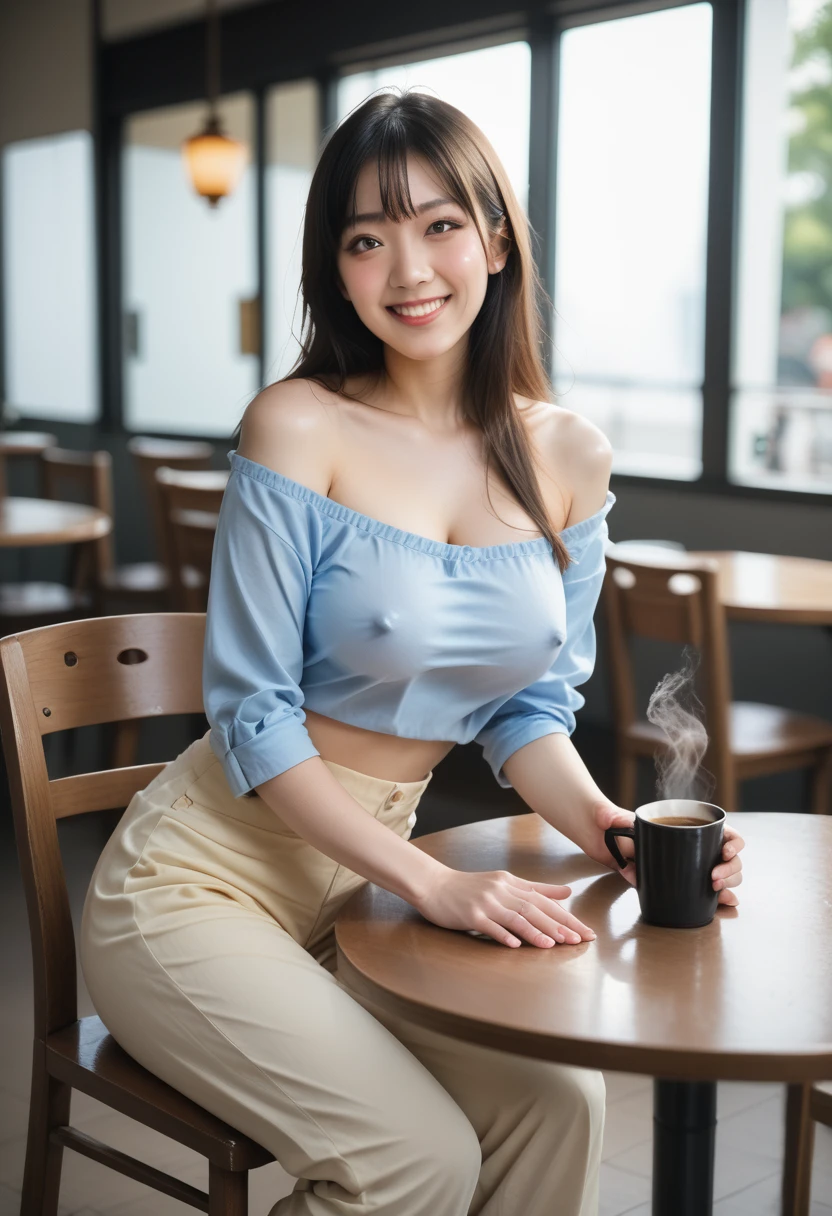 score_9, score_8_up, score_7_up, BREAK rating_explicit,(photo-realistic:1.2),(professional photo), realistic photo,subsurface scattering, volumetric lighting, light from the front, BREAK 1 female,22years old,kawaii,((Japanese)),Japanese idol face,black long straight hair,realistic skin texture,solo,kawaii, perfect body, BREAK (wearing pastel off shoulder top), BREAK (light brown long wide pants,sandals),(pale skin),(slender body:1.2),(large breasts:1.1),large hip, (blushing),day,bluesky,cafe,(sitting on chair),(hot coffee & pancake on the table),from head to knee shot,visible shadow of erect nipples,smile,