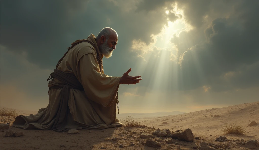 A deeply emotional biblical scene showing Job in a state of mourning and humility. He is depicted on his knees, with his face to the ground, in an arid landscape, his garments torn, and his head shaved as a sign of grief. The surrounding area is barren, reflecting the desolation he feels. Despite the overwhelming loss, Job is shown in a posture of worship, hands spread out as he prays. The sky above is a mix of dark clouds and a small ray of light, symbolizing his unwavering faith in God even in the midst of profound suffering, as described in the story of Job. cabeça raspada e barba branca roupa rasgada e suja