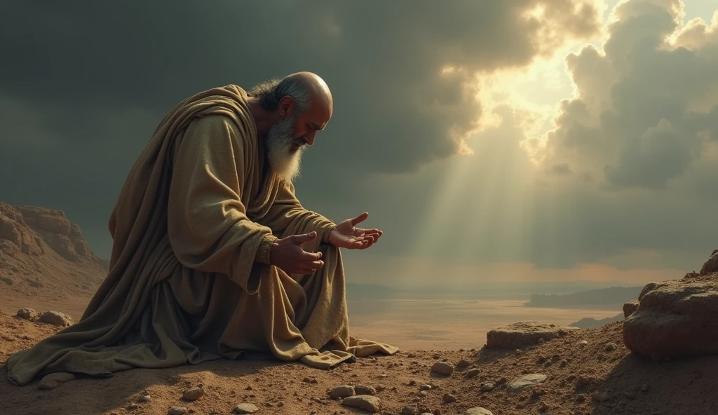 A deeply emotional biblical scene showing Job in a state of mourning and humility. He is depicted on his knees, with his face to the ground, in an arid landscape, his garments torn, and his head shaved as a sign of grief. The surrounding area is barren, reflecting the desolation he feels. Despite the overwhelming loss, Job is shown in a posture of worship, hands spread out as he prays. The sky above is a mix of dark clouds and a small ray of light, symbolizing his unwavering faith in God even in the midst of profound suffering, as described in the story of Job. cabeça raspada e barba branca roupa rasgada e suja
