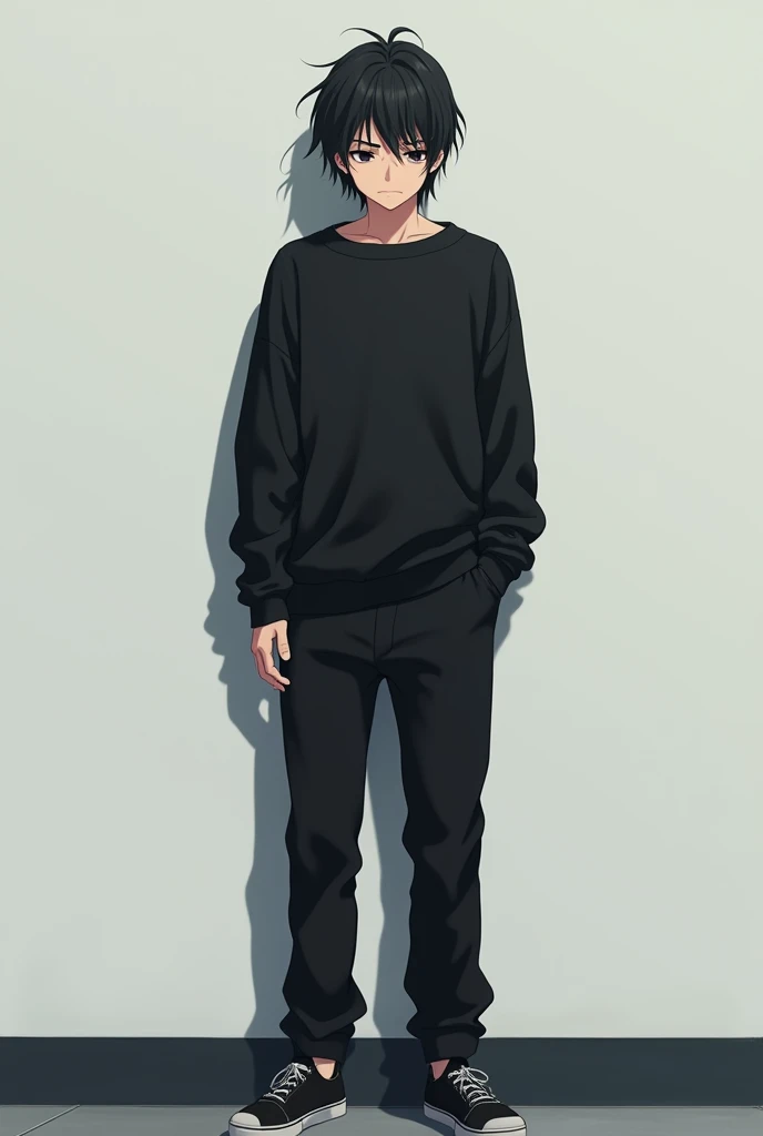 The image is anime style although somewhat dark and adult., A 20-year-old man appears in it. He is standing in front of a white wall, He is seen almost turned on his back, He has medium-long hair and black eyes.. He appears serious and calculating.. you wore an oversized black sweater and black pants. She also wears completely black sneakers with no details and black laces..
