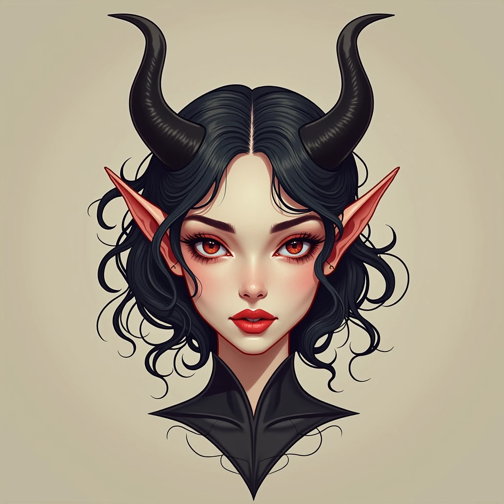Demon Woman with Delicate Features: The head is clearly that of a woman, with soft, feminine features, such as large, expressive eyes, well-defined lips, and a delicate chin.
Simple Horns: She has two small, smooth, unadorned horns that protrude naturally from her head. These horns are discreet, with a clean, slightly backward-curving look, integrated into the design in a fluid way, without complicating the look.
Wavy Hair: The hair is designed with soft, natural waves, flowing around the head in typical Art Nouveau shapes, maintaining the organic style, but without too much detail. The lines of the hair follow the natural flow of the composition.
Neotraditional Lines: The neotraditional style would feature bold lines that define the face, horns, and hair, with simple shading to highlight the shape, but maintaining the minimalist and striking aesthetic.
Simple Colors: The palette can include subtle tones, such as a light red or gray tones for the skin and black for the horns, creating a simple and elegant contrast without overwhelming the design.