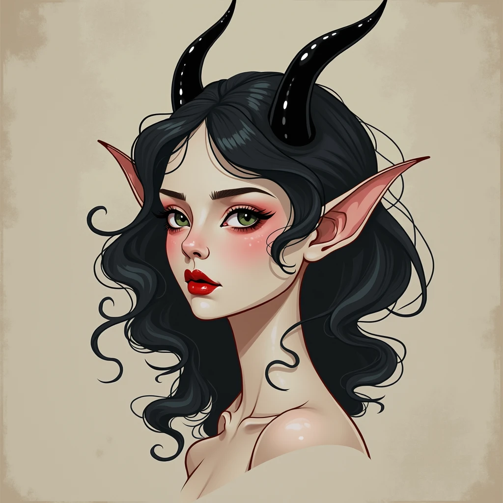 Demon Woman with Delicate Features: The head is clearly that of a woman, with soft, feminine features, such as large, expressive eyes, well-defined lips, and a delicate chin.
Simple Horns: She has two small, smooth, unadorned horns that protrude naturally from her head. These horns are discreet, with a clean, slightly backward-curving look, integrated into the design in a fluid way, without complicating the look.
Wavy Hair: The hair is designed with soft, natural waves, flowing around the head in typical Art Nouveau shapes, maintaining the organic style, but without too much detail. The lines of the hair follow the natural flow of the composition.
Neotraditional Lines: The neotraditional style would feature bold lines that define the face, horns, and hair, with simple shading to highlight the shape, but maintaining the minimalist and striking aesthetic.
Simple Colors: The palette can include subtle tones, such as a light red or gray tones for the skin and black for the horns, creating a simple and elegant contrast without overwhelming the design.
