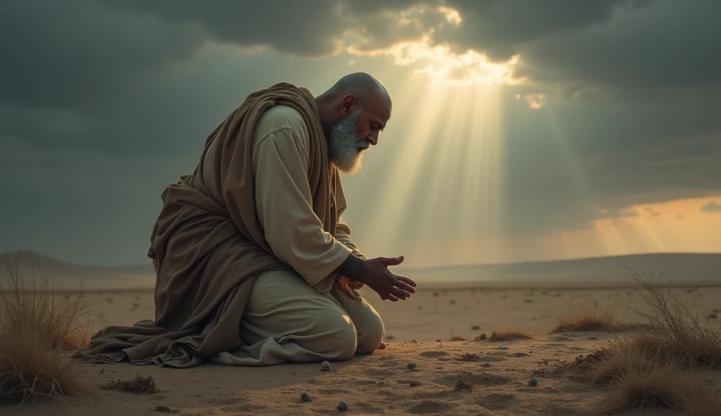A deeply emotional biblical scene showing Job in a state of mourning and humility. He is depicted on his knees, with his face to the ground, in an arid landscape, his garments torn, and his head shaved as a sign of grief. The surrounding area is barren, reflecting the desolation he feels. Despite the overwhelming loss, Job is shown in a posture of worship, hands spread out as he prays. The sky above is a mix of dark clouds and a small ray of light, symbolizing his unwavering faith in God even in the midst of profound suffering, as described in the story of Job. cabeça raspada e barba branca roupa rasgada e suja