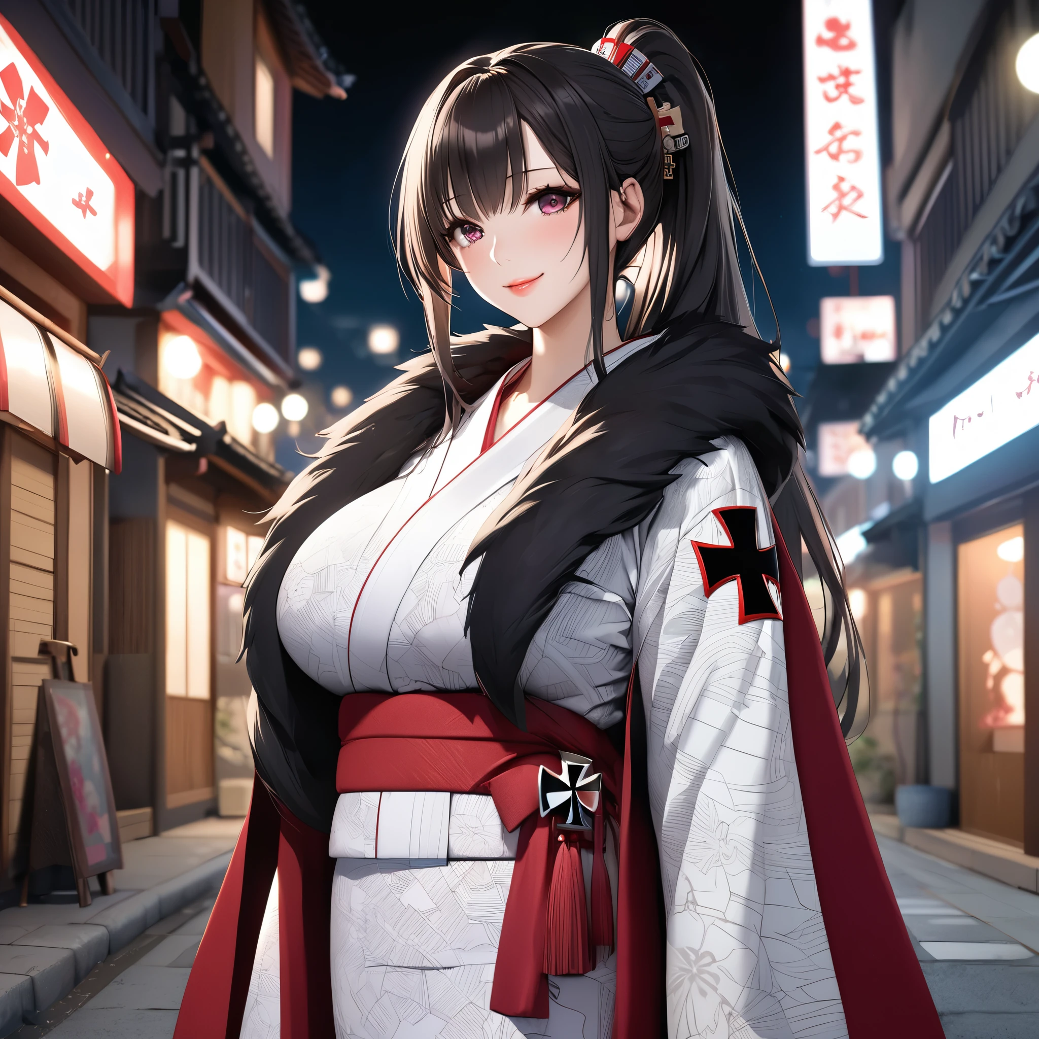 A woman wearing a white yukata with red details, wearing a black fur cape, long cape, long-sleeved yukata, ponytail hair, long hair, long ponytail hair, burgundy eyes, smiling, big breasts, perfect face, lips perfect, perfect eyes, iron cross on the kimono, barrette in the hair with an iron cross, in a traditional Japanese neighborhood, concrete sidewalk, place at night, standing upright.(Azur_lane, KMS_Peter_Strasser.)UHD , masterpiece, accurate, anatomically correct, textured skin, super detail, high quality, best quality, 8k, high resolution, bokeh effect.
