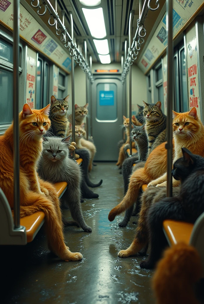 Make a picture of an American subway, There are many wet cats inside the train cars 