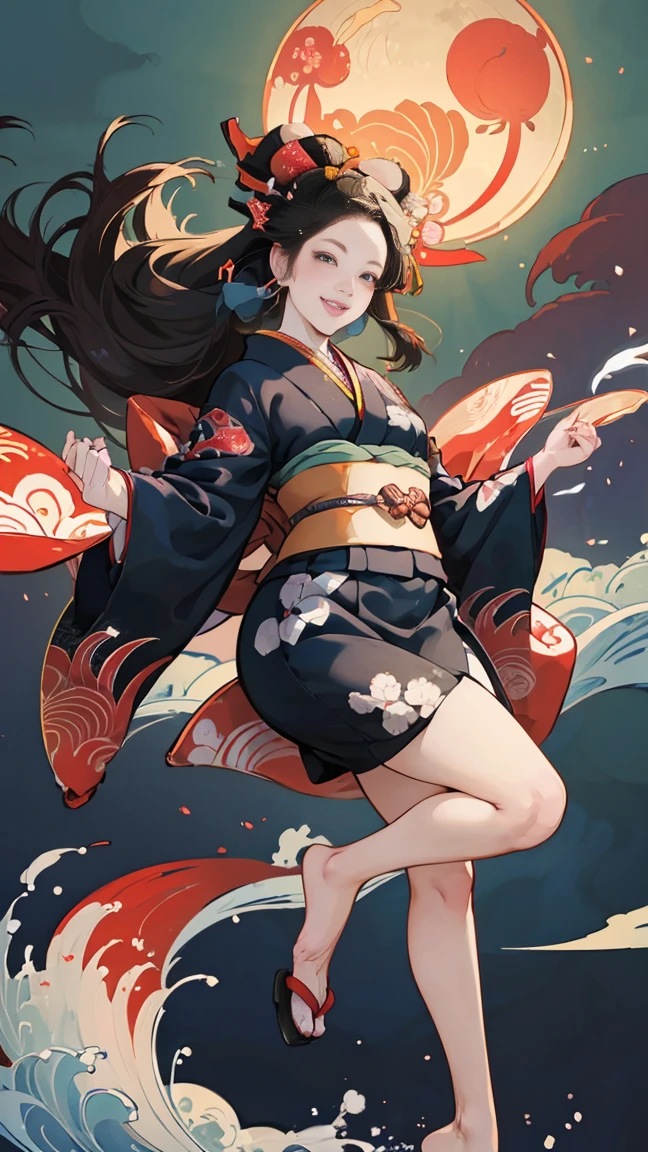 A beautiful woman smiles and shows her upper white teeth、Vividly colored Japanese Ukiyo-e style illustrations、(SeaArt creates stunning illustrations of beautiful women in kimono)、Brown-black long hair、Beautiful full body style、Let's dance a little Tokyo Ondo Yoiyoi、Beautiful new digital paintings,、Bright vibrant digital anime art、 Detailed digital anime art、 Beautiful anime portraits、background、Torii gate of a shrine in Kyoto, Japan、Detailed CG、