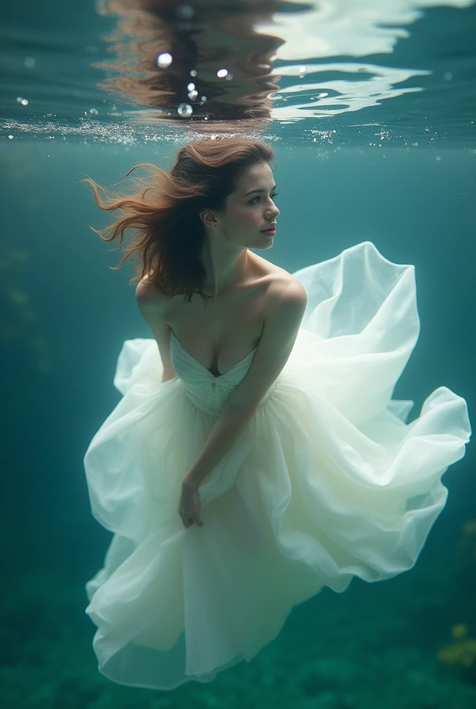 There is a woman in a white dress floating in the water, floating underwater, floating drowned, floating in water, female floating, underwaterphotograph, Portrait of a woman underwater, she is floating in the air, dramatic floating pose, floating in perfume, underwater photo, elegant floating pose, underwaterphotograph, floating underwater in a lake, submerged in water