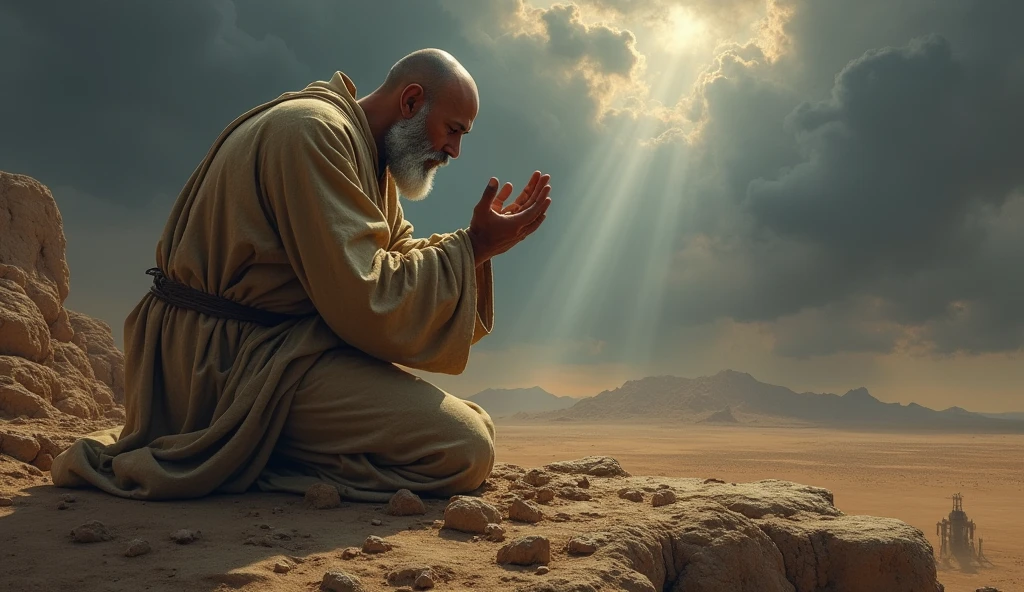 A deeply emotional biblical scene showing Job in a state of mourning and humility. He is depicted on his knees, with his face to the ground, in an arid landscape, his garments torn, and his head shaved as a sign of grief. The surrounding area is barren, reflecting the desolation he feels. Despite the overwhelming loss, Job is shown in a posture of worship, hands spread out as he prays. The sky above is a mix of dark clouds and a small ray of light, symbolizing his unwavering faith in God even in the midst of profound suffering, as described in the story of Job. cabeça raspada e barba branca roupa rasgada e suja