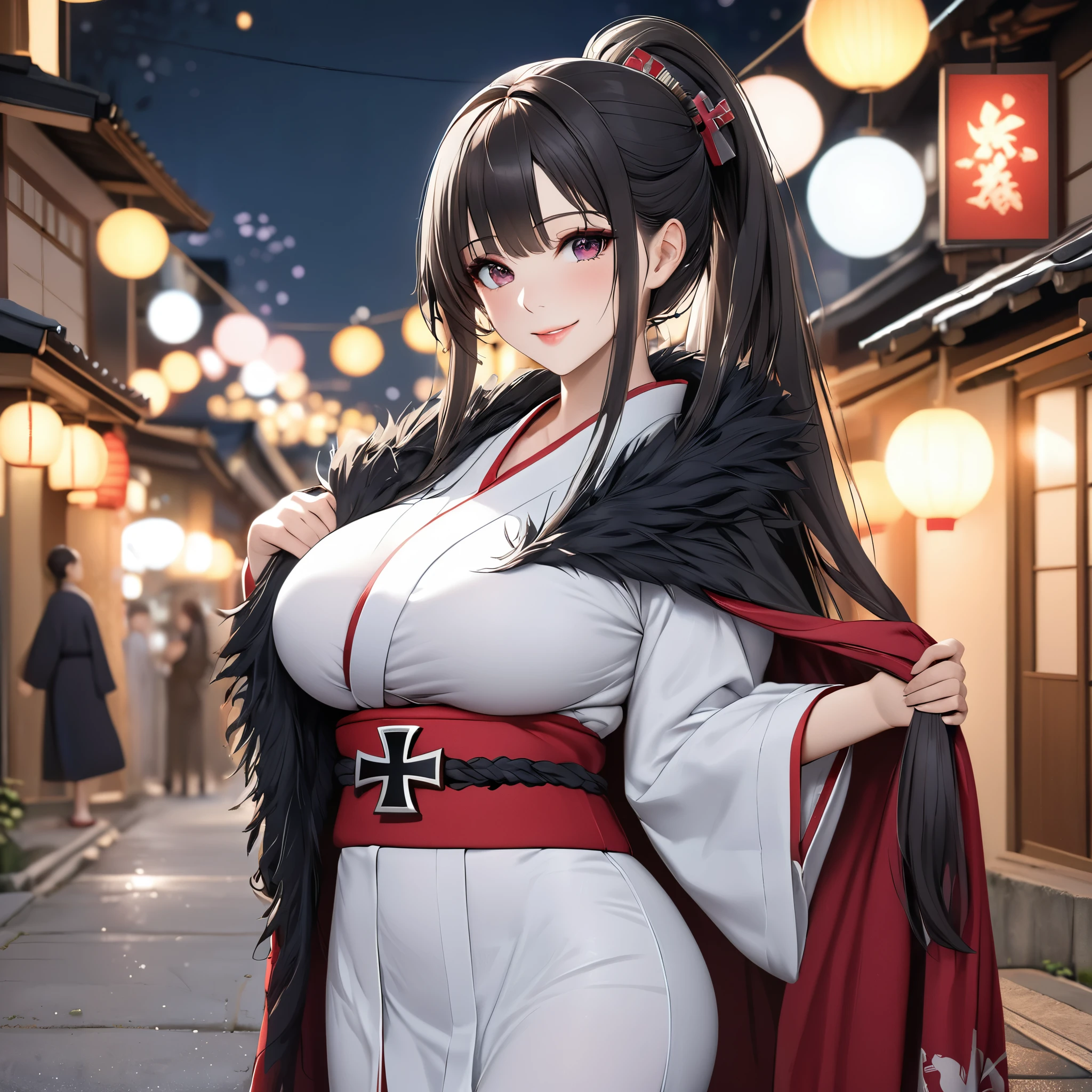 A woman wearing a white yukata with red details, wearing a black fur cape, long cape, long-sleeved yukata, ponytail hair, long hair, long ponytail hair, burgundy eyes, smiling, big breasts, perfect face, lips perfect, perfect eyes, iron cross on the kimono, barrette in the hair with an iron cross, in a traditional Japanese neighborhood, concrete sidewalk, place at night, standing upright.(Azur_lane, KMS_Peter_Strasser.)UHD , masterpiece, accurate, anatomically correct, textured skin, super detail, high quality, best quality, 8k, high resolution, bokeh effect.