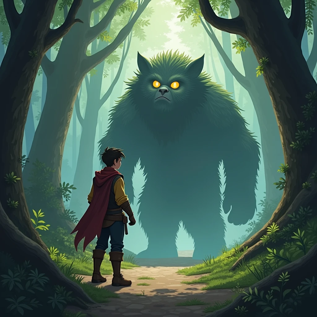 "Kael confidently solves the creature's riddle, his eyes shining with intelligence as he continues deeper into the forest."