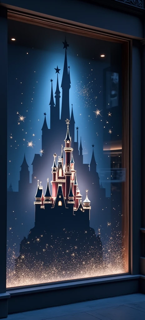 A scene from a store window. The background of the scene is dark blue with the shadow of the Disney castle and star sparkles and magic. No characters and no objects