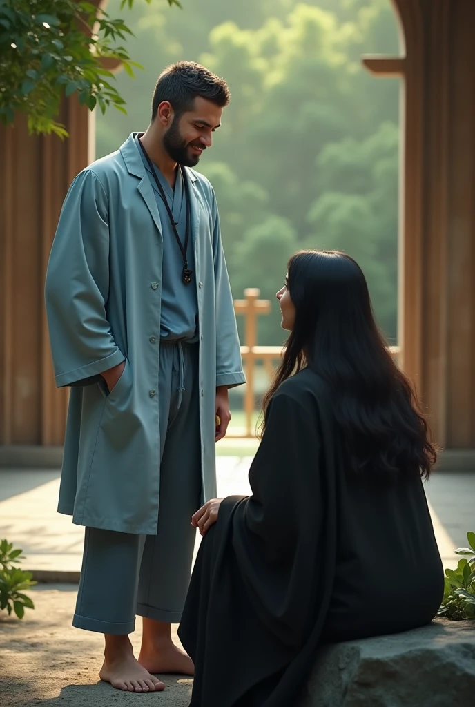 Realistic close up scene of a single 40 year old man, Without beard, white black short haired caucasian, barefoot western, standing, wearing a light blue suit, pants and a doctor or monk style jacket Spiritual, with a relaxed attitude and a slight smile. Without beard. In a spiritual environment, interacting with a white western woman with long black hair, what is medium, wearing black clothes. The man is next to the woman and the woman is sitting. The man WITHOUT a beard
