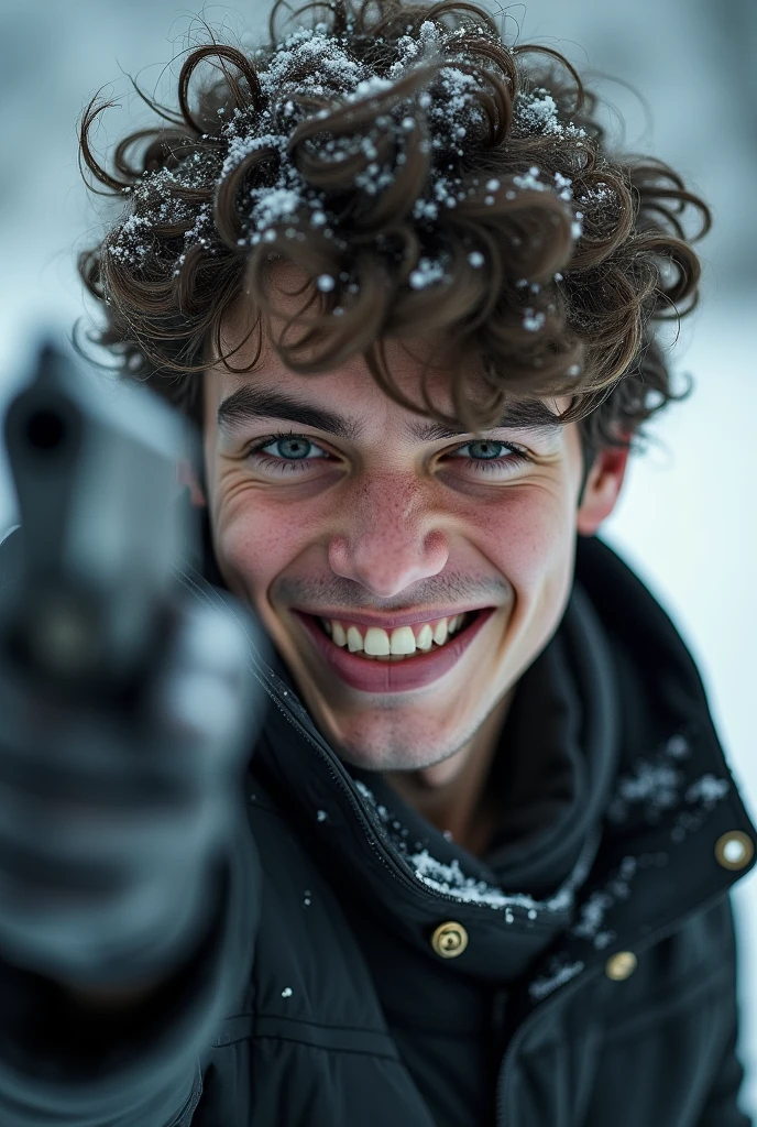 (( masterpiece ))), (((Highest quality))), ((Very detailed)), (photograph), ((Very delicate and headsome) ),high resolution, one men, 20 year, (detailedeyes), (detailed facial features), (Detailed weapons), (detailed fingers), (Leg details), (eyes visible through hair), ((drunk eyes)), (Compelling :1.2), (toothless smile),(((fuller lips))), (snow scene),(upperbody),red tailcoat, ((Dappled Light)),((film grain)), ((Single lens reflex camera)), ((35mm lens focal length) not even a bean, with a gun pointed