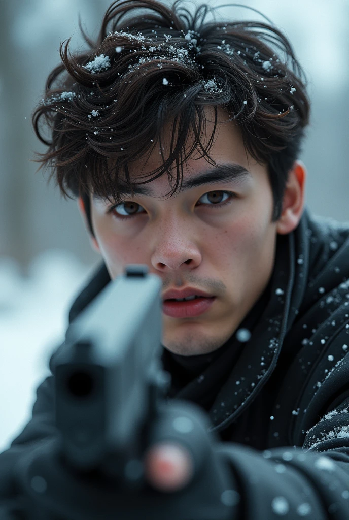 (( masterpiece ))), (((Highest quality))), ((Very detailed)), (photograph), ((Very delicate and headsome) ),high resolution, one men, 20 year, (detailedeyes), (detailed facial features), (Detailed weapons), (detailed fingers), (Leg details), (eyes visible through hair), ((drunk eyes)), (Compelling :1.2), (toothless smile),(((fuller lips))), (snow scene),(upperbody),red tailcoat, ((Dappled Light)),((film grain)), ((Single lens reflex camera)), ((35mm lens focal length) not even a bean, with a gun pointed