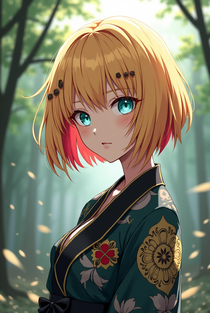 An anime girl with turquoise eyes and blonde hair with red highlights and a bob from Kimetsu no Yaiba 