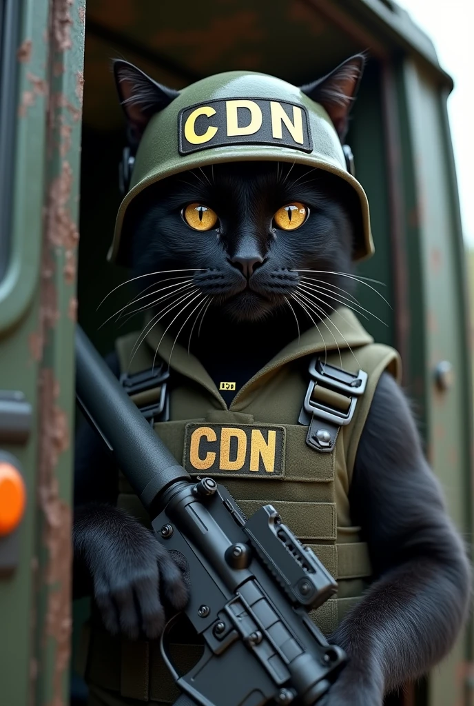 In the kitty of the cartel del noreste with a bulletproof vest and an ak on the vest there are the acronyms CDN and a military helmet. The black cat in an armored truck is in a narcotank. The military helmet has the letters CDN and he is next to a narcotank. He has an ar15 in his hand. 
