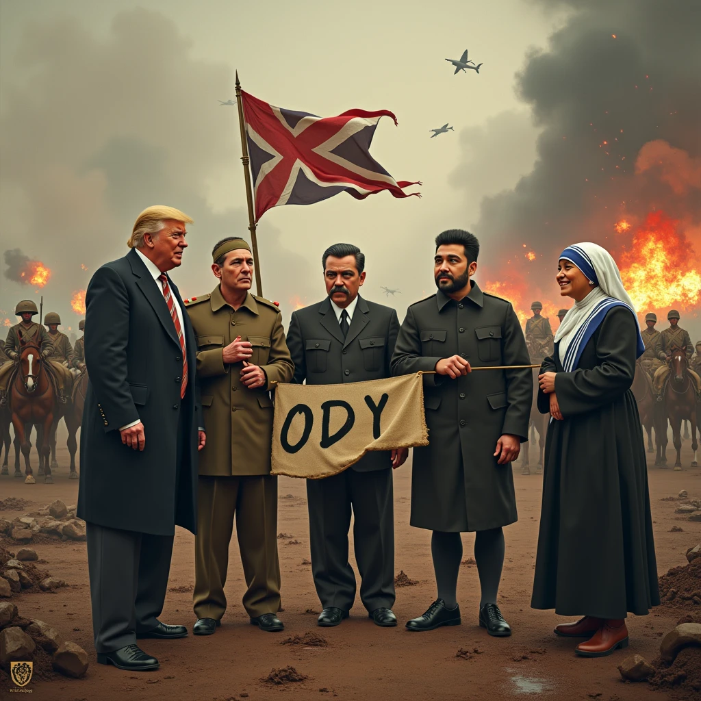 Donald Trump, Fidel Castro dressed as a soldier, Diego Armando Maradona dressed as a player, Kim Jong Un and Mother Teresa of Calcutta standing together holding a banner that says ODI in capital letters, in the middle of a battle of the first world war, with soldiers, horses and tanks, blood and explosions