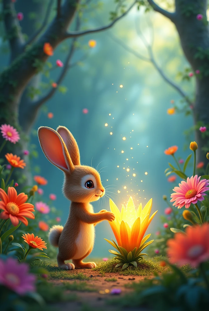 Numa flowersesta colorida, there was a little rabbit named Leo who loved to explore. One day, as he jumped happily between the trees, Léo encontrou uma flowers brilhante e mágica.

curious, he asked: &quot;What do you do, flowers?”

A flowers respondeu com um sorriso: “I can make one wish come true. What is yours??” Leo thought for a moment and then said: “I wish all my friends can play happily and healthily!”

A flowers brilhou intensamente e, Suddenly, all of Leo&#39;s friends showed up, jumping and playing around.

Leo and his friends had a lot of fun, knowing that true magic was in friendship and the desire to see others happy.

and so, a flowersesta ficou ainda mais alegre, thanks to the bunny&#39;s generous wish.

end.