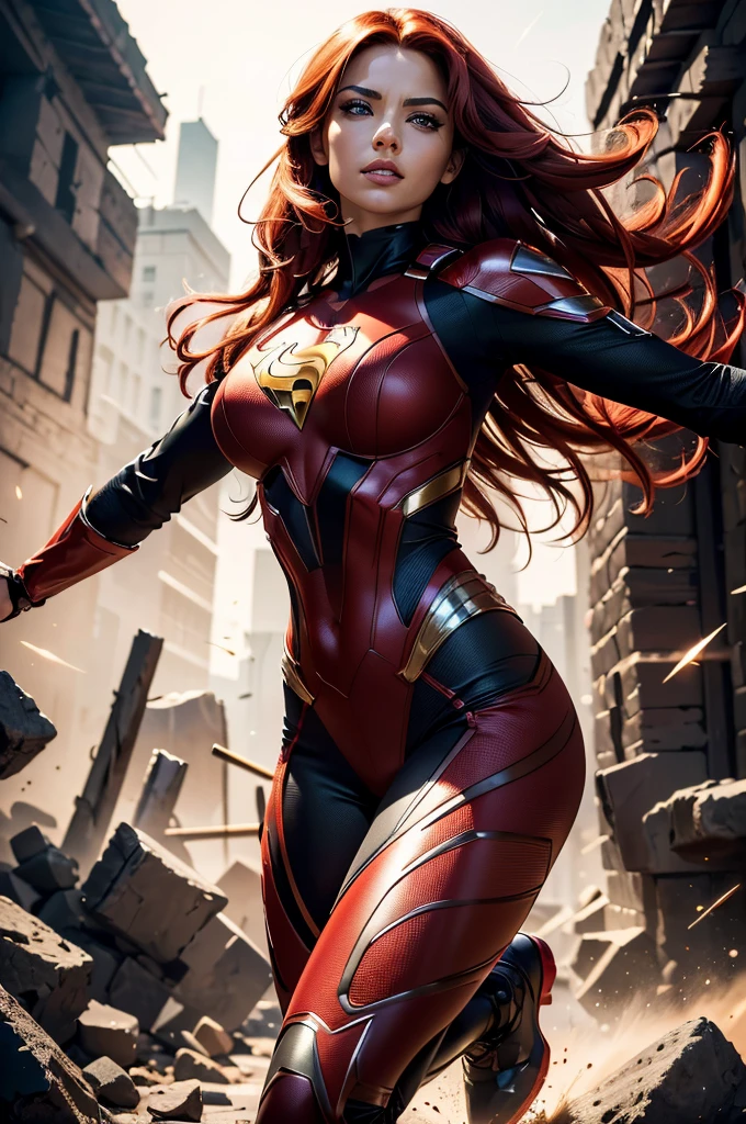 A female superhero wearing a red and black outfit, with vibrant red hair, in a portrait full body view, set against a BATTLEFIELD background, (best quality,4k,8k,highres,masterpiece:1.2),ultra-detailed,(realistic,photorealistic,photo-realistic:1.37),detailed facial features,beautiful detailed eyes,beautiful detailed lips,extremely detailed eyes and face,long eyelashes,dramatic lighting,cinematic composition,vivid colors,rich textures,dynamic pose,powerful presence