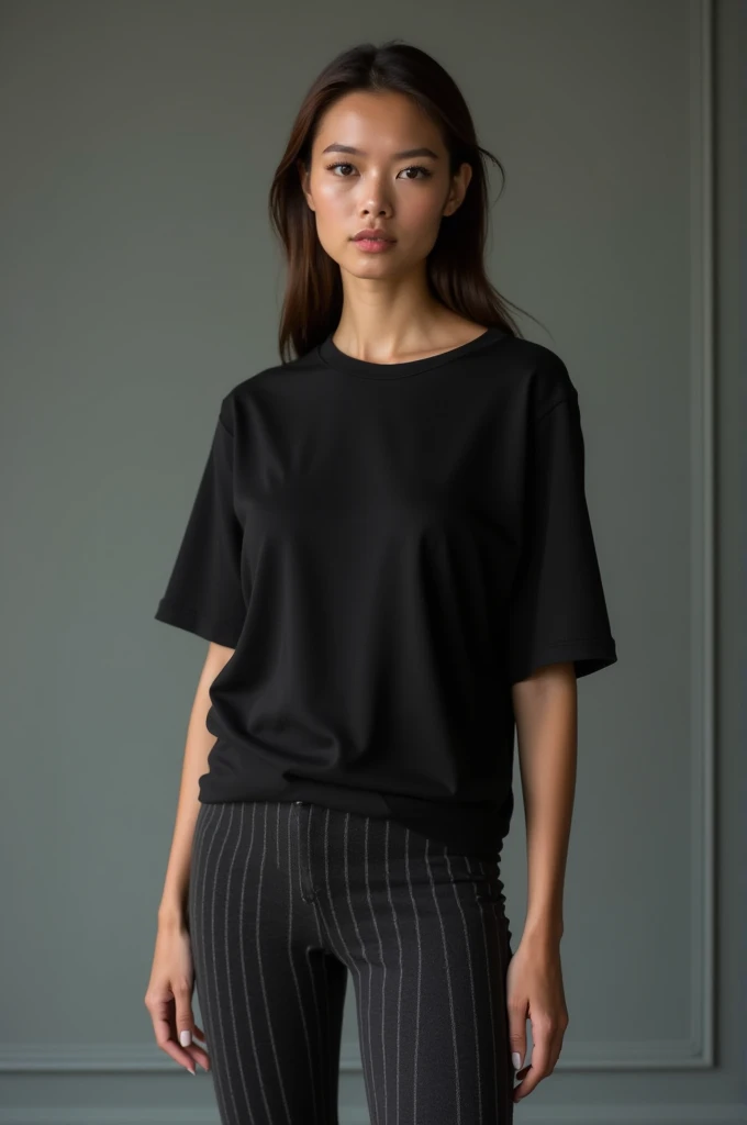 beautiful woman, standing straight facing forward,with black t-shirt, Jeans, on a greyish background, cotton t-shirt texture, oversized t-shirt, round neck, striped tights. Medium camera shot