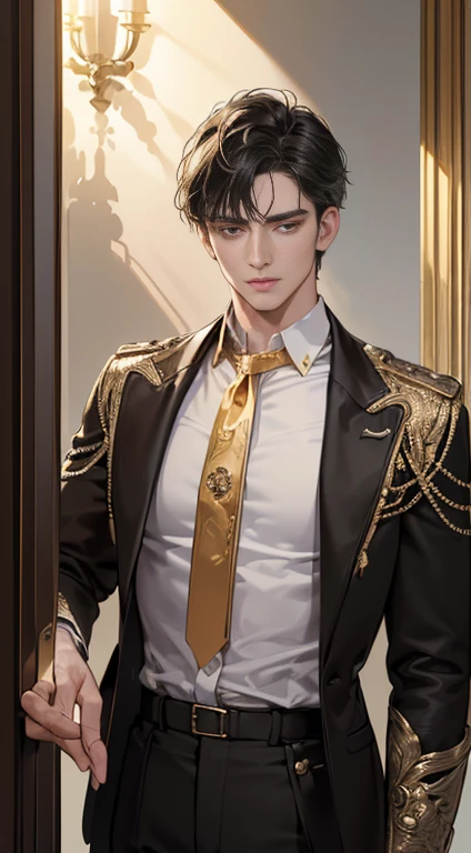 (best quality, masterpiece, 8 thousand, realistic, cinematic lighting, 1:4 HDR images, very detailed, beautiful photoature man, very handsome, ((cold expression)), black short hair, amber eye, A perfect face without any mistakes, ((Buttoning clothes, chief executive)), (detail gold accessories on clothes)