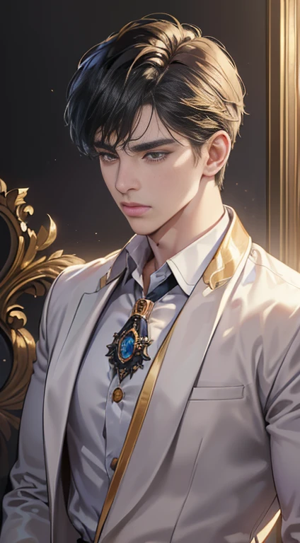 (best quality, masterpiece, 8 thousand, realistic, cinematic lighting, 1:4 HDR images, very detailed, beautiful photoature man, very handsome, ((cold expression)), black short hair, amber eye, A perfect face without any mistakes, ((Buttoning clothes, chief executive)), (detail gold accessories on clothes)