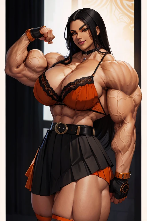 ((Close-up)), tall, (black hair) beautiful muscular woman, long flowing hair, brown skinned, closed smile, (black lipstick), (massive muscles), (hyper muscle), ((ginormous bulky muscles)), orange eyes, ((orange lace bra)), (((black long pleated skirt with belt))), (fingerless gloves), Jewel choker, (thigh highs), (flexing bicep), morning in college,