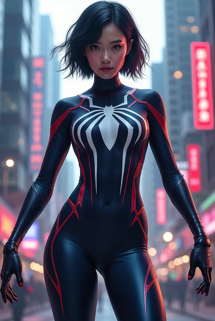 spider panel verse asian spider woman with white streak and short black hair with navy blue eyes and uniform 