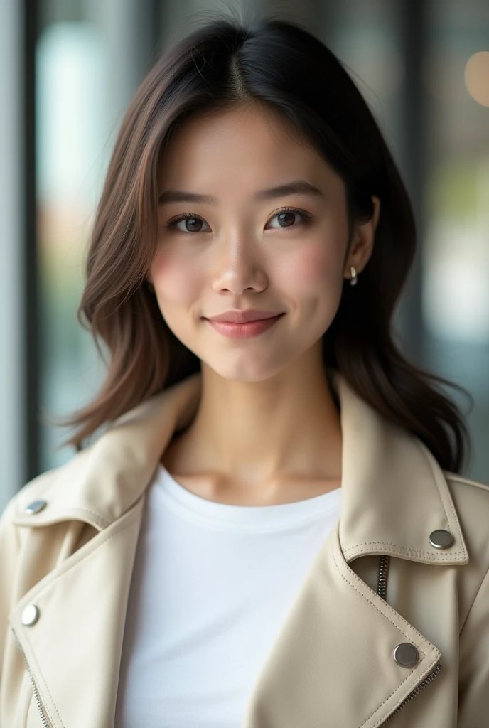 A beautiful Thai girl aged 26 years, clean face, cute, wearing a white t-shirt inside and wearing a leather jacket cream color outside, super HD photography, sophisticated camera