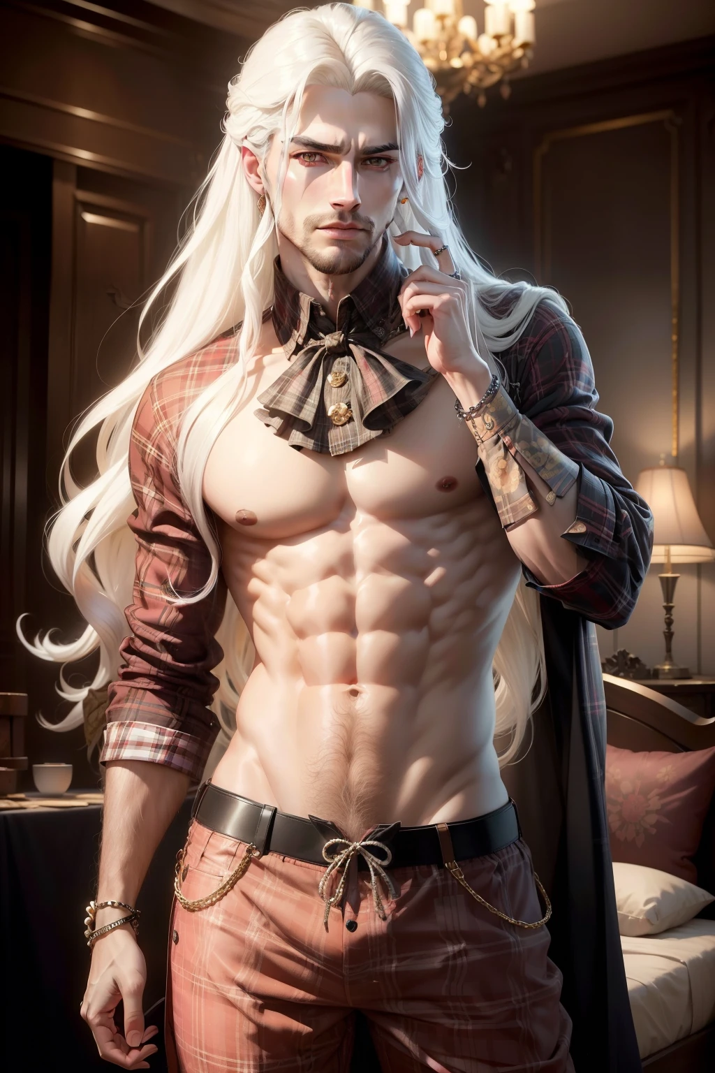 (8k,shipmentsrrealista shipments Maximum quality;1.4) (ung boy) Super handsome king of the underworld (lifelike face) (long white hair with black highlights , bright plaid floral hair) slenderbody Muscular and hairy and macho Bright floral plaid aristocratic outfit with large golden eyes bright plaid floral decoration Fangs peeking out of the mouth Pointed claws a seductive gaze Beautiful expression A hyper-realistic (King of the Underworld) appealing (real looking skin) super high resolution high détail Luxury plaid floral pants pink plaid checkered aura emanating from the body effect Floral checkered transparent cover