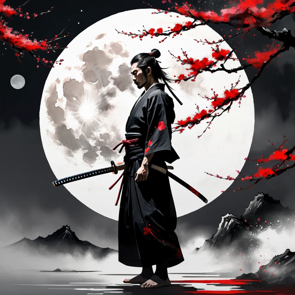 "A dramatic side profile of a lone samurai warrior in black attire, with long hair tied in a top knot. He stands against a large, pale circular background reminiscent of the moon. The warrior holds a katana, poised for action. The image is accented with vibrant splashes and sprays of red, evoking cherry blossoms and blood. Branches with red flowers frame the composition. The overall style is a blend of traditional Japanese art and modern digital painting, with a somber yet dynamic atmosphere."