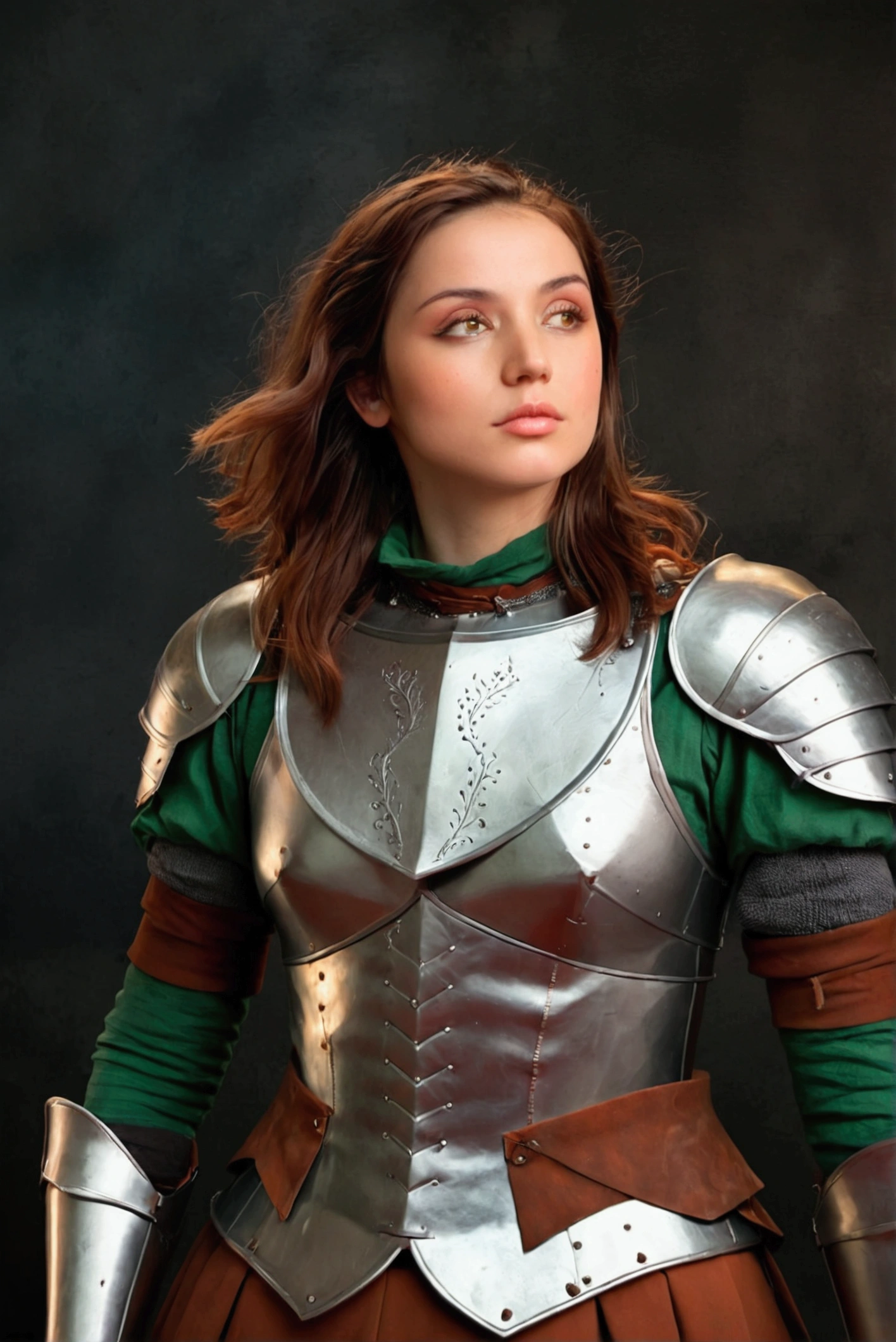 a beautiful young woman, gentleman, Armor without helmet, silver armor along with green colors, photography studio, The best quality in the best conditions, High resolution，((Like the photo))、((high quality))、((8Ｋ)) ，(masterpiece:1.2), (of the highest quality:1.2), masterpiece, sharp details, natural look, detailed skin, imperfect skin, beauty marks, (blemish:0.8), 8k, highly detailed, dark background background, direct light to the face, 