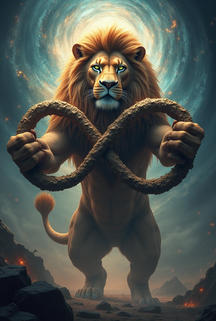 create an image with the infinity symbol with a lion grabbing it