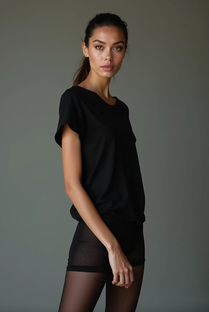 beautiful woman, standing straight facing forward,with black t-shirt, Jeans, on a greyish background, cotton t-shirt texture, oversized t-shirt, round neck, striped tights. Medium camera shot