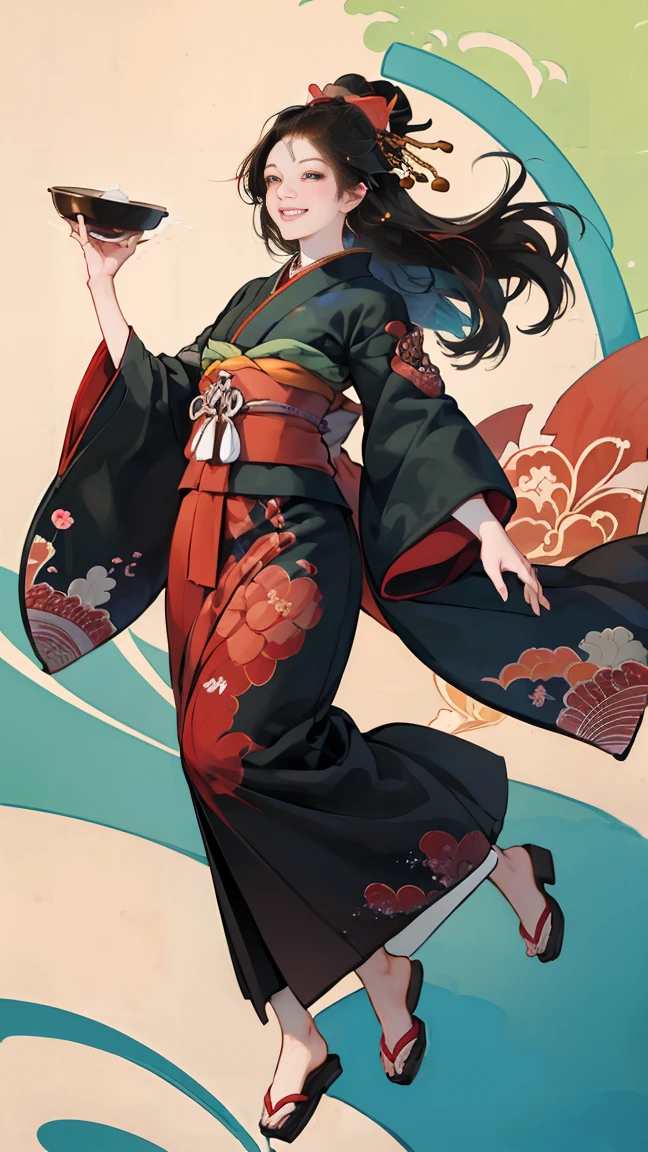 A beautiful woman smiles and shows her upper white teeth、Vividly colored Japanese Ukiyo-e style illustrations、(SeaArt creates stunning illustrations of beautiful women in kimono)、Brown-black long hair、Beautiful full body style、Let's dance a little Tokyo Ondo Yoiyoi、Beautiful new digital paintings,、Bright vibrant digital anime art、 Detailed digital anime art、 Beautiful anime portraits、background、Torii gate of a shrine in Kyoto, Japan、Detailed CG、