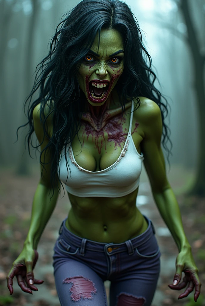 In extreme close-up a beautiful woman with long black hair She Hulk zombie on her knees screaming wearing a white top and purple jeans ripped because of her muscles face and full body with olive green skin totally putrefied(((Zombie eyes))),(((rotten face))),(((The Walking dead))),(((Eating brains))),(((Zombie eyes))),(((cursed cemetery))),(((Thick arms and legs due to their musculature)))