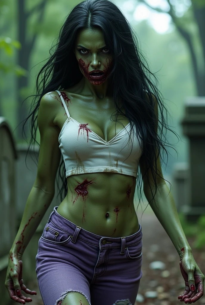 In extreme close-up a beautiful woman with long black hair She Hulk zombie on her knees screaming wearing a white top and purple jeans ripped because of her muscles face and full body with olive green skin totally putrefied(((Zombie eyes))),(((rotten face))),(((The Walking dead))),(((Eating brains))),(((Zombie eyes))),(((cursed cemetery))),(((Thick arms and legs due to their musculature)))