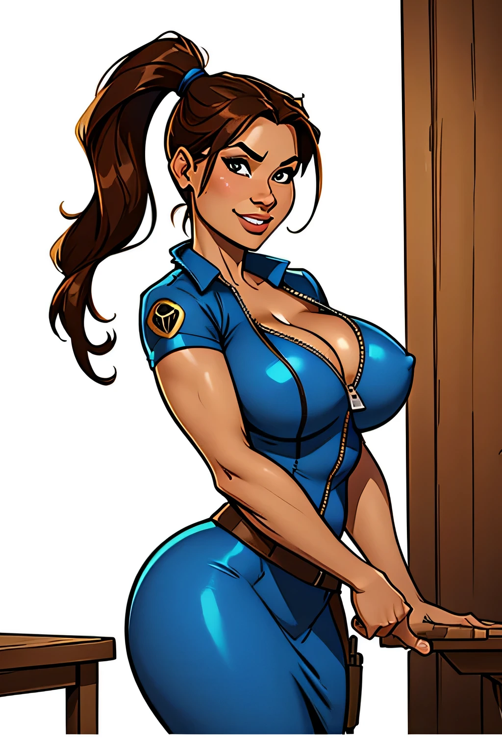 Thin woman (Lara Croft), age 25, 4K (High definition), beautiful smile, seducing gaze, eyes browns, wearing blue dress (with side zipper, shortsleeves, V neckline), arms positioned at the side of the body, brunette skin, chestnut hair (with ponytail), standing (hands on a table in front of you), full of curves with freckles on her chest and neck, natural round breasts. High-quality Marvel style, white background.