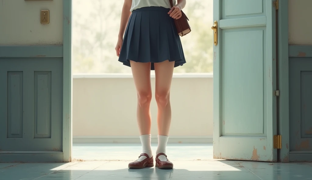 Beautiful tween, slender body, slender hips, tight jean shorts, standing in school hallway, photo realistic, Caucasian, flat chest, strawberry blonde hair