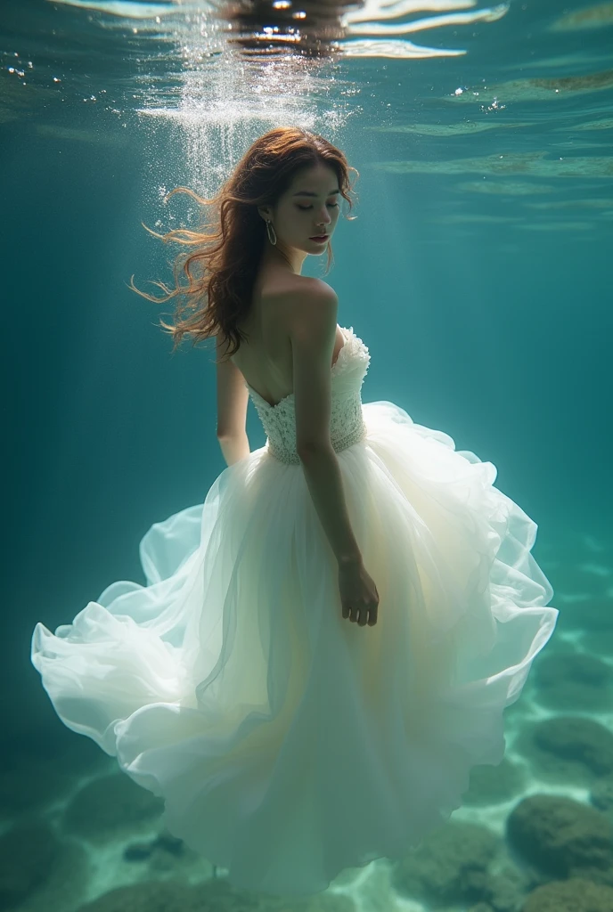 There is a woman in a white dress floating in the water, floating underwater, floating drowned, floating in water, female floating, underwaterphotograph, Portrait of a woman underwater, she is floating in the air, dramatic floating pose, floating in perfume, underwater photo, elegant floating pose, underwaterphotograph, floating underwater in a lake, submerged in water