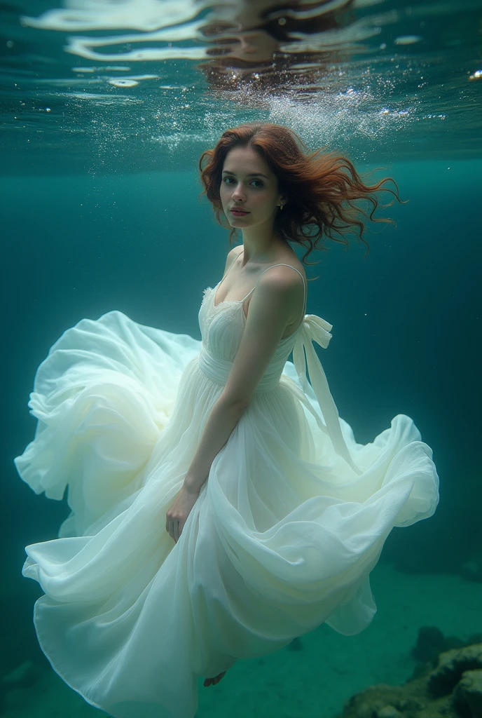 There is a russian woman in a white dress floating in the water, floating underwater, floating drowned, floating in water, female floating, underwaterphotograph, Portrait of a woman underwater, she is floating in the air, dramatic floating pose, floating in perfume, underwater photo, elegant floating pose, underwaterphotograph, floating underwater in a lake, submerged in water,skin texture,8K,large breasts,redhead,irish fair skin.