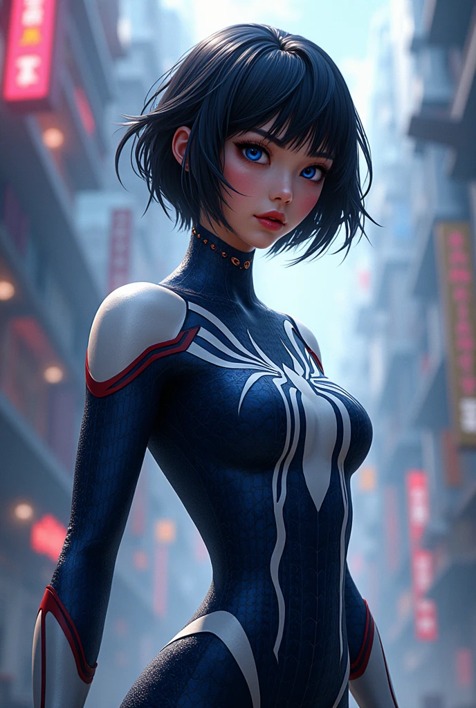 spider panel verse asian spider woman with white streak and short black hair with navy blue eyes