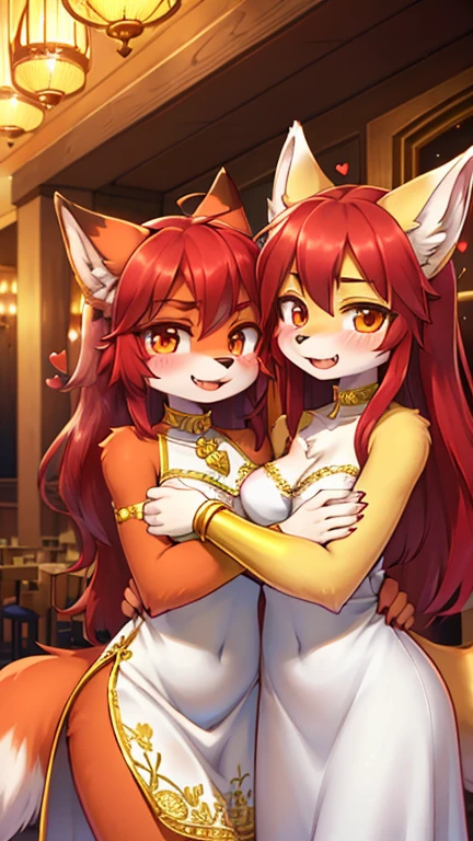 best qualityer,best resolution,(cute furry den :1.6),(Youngh :1.8),kitsune fox girl ,Flat Breast,(Red hair :1.6),long hair,Wavy hair,orange eyes,glare eyes,glare eyes,ultra detailed eyes,(orange fur),(white dress with gold embroidery),heart choker,floral hair ornaments,gold bracelets,Beautiful restaurant,chanderia,bright stars surrounded,romantic light,full-face blush,looking ahead at viewer,heart expression eyes,eyes of the heart,naughty face,ssmile,Underarms,eyes too close together,gaping mouth,fangs