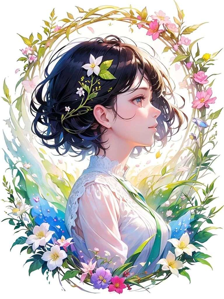 (masterpiece、Highest quality、Highest quality、Beautiful and beautiful:1.2)、Excellent anatomy、（Watercolor painting 1.5）、Long Shot、straight short hair images、Trendy Hair Color, Beautiful Face、Beautiful profile, Look up at the sky, I pray, Fairy, 蝶のFairyのコスチューム、Pure white、Pure、charm, Colorful flowers of different colors, Flower and leaf wind、Botanical Art,