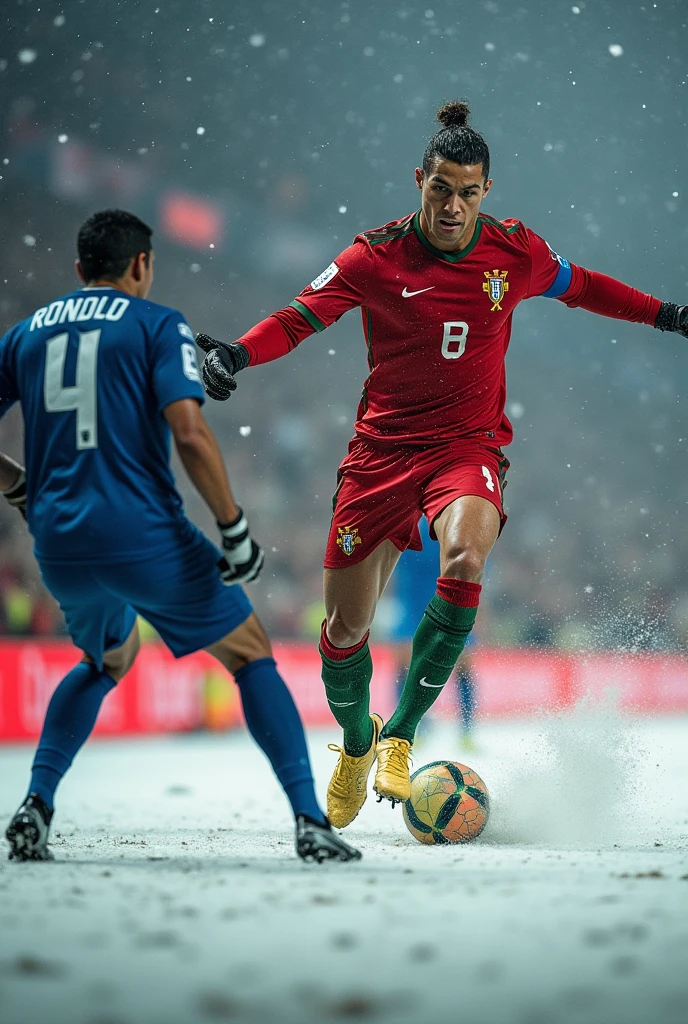 Cristiano Ronaldo during a math in winter ;wearing the Portugal jersey,facing the goalkeeper and scoring a goal 
