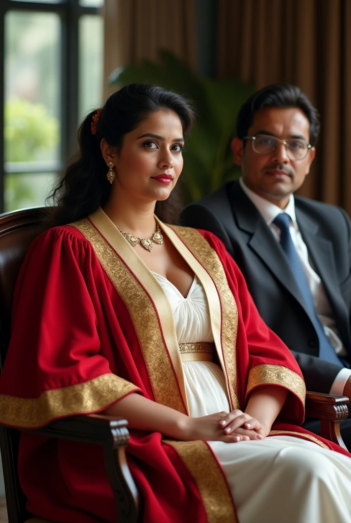 Wearing full body Academic regalia wealthy sri lankan average beautiful girl(very big large breasts and butt) sit in chair with sri lankan wealthy age 35 young spec's man (software,electrical,garments companies owner)