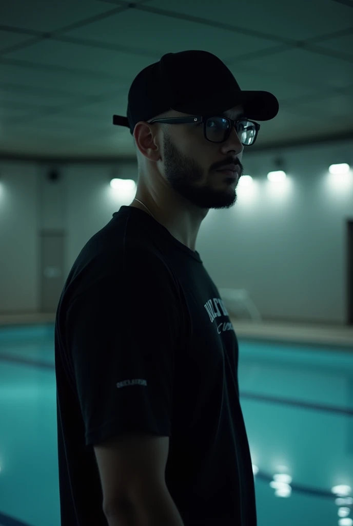 Create a YouTube video thumbnail featuring a man wearing glasses, a black cap, and a black shirt, standing in front of an indoor swimming pool. The man has a serious and contemplative expression. The background includes the pool with clear water reflecting a somber, cinematic atmosphere. The overall mood of the image is dark and muted, with soft lighting emphasizing the man's facial features. The text 'Joel Jota' should be subtly integrated into the scene, ensuring it doesn't overpower the visual focus on the man and the pool