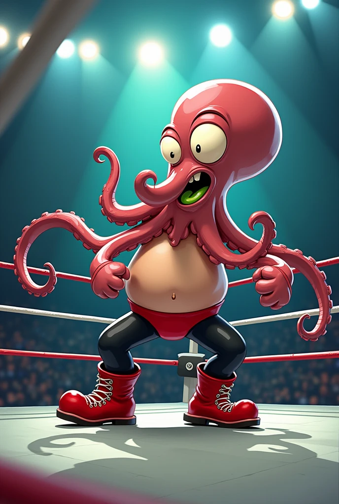 Cartoon squid dressed like WWE wrestler George the animal Steel in a wrestling ring.
Cartoon squid body. Cartoon squid face. Cartoon squid arms. Cartoon squid hands. Cartoon squid legs.
Green tongue.
Red wrestling boots. Black pants with red stripe.
