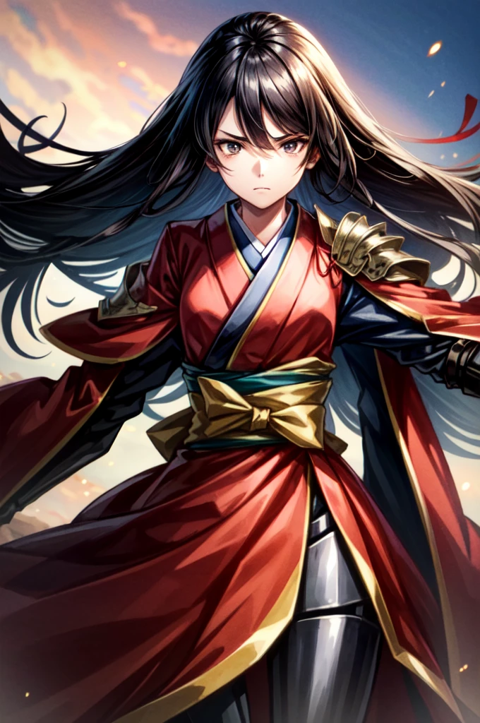 Armored1People Women, A sad expression, Long Hair, Droopy eyes, Red kimono, Tight waist, dynamic pose, anime, cinematic lighting, cowboy shot, UHD, retina, masterpiece, accurate, anatomically correct, textured skin, super detail, high details, high quality, award winning, best quality, highres
